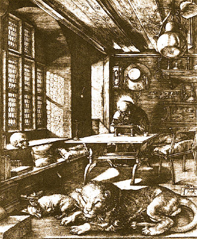 Блажени Йероним в кабинета си - графика от Албрехт Дюрер (Albrecht Dürer, 1471-1528). Източник: lexscripta.com
