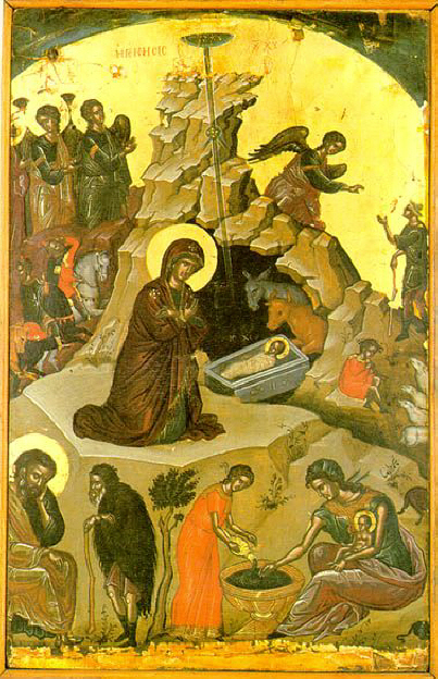 Рождество Христово. Икона от 1546 г. от Теофан Критски в Светогорския манастир Ставроникита. 