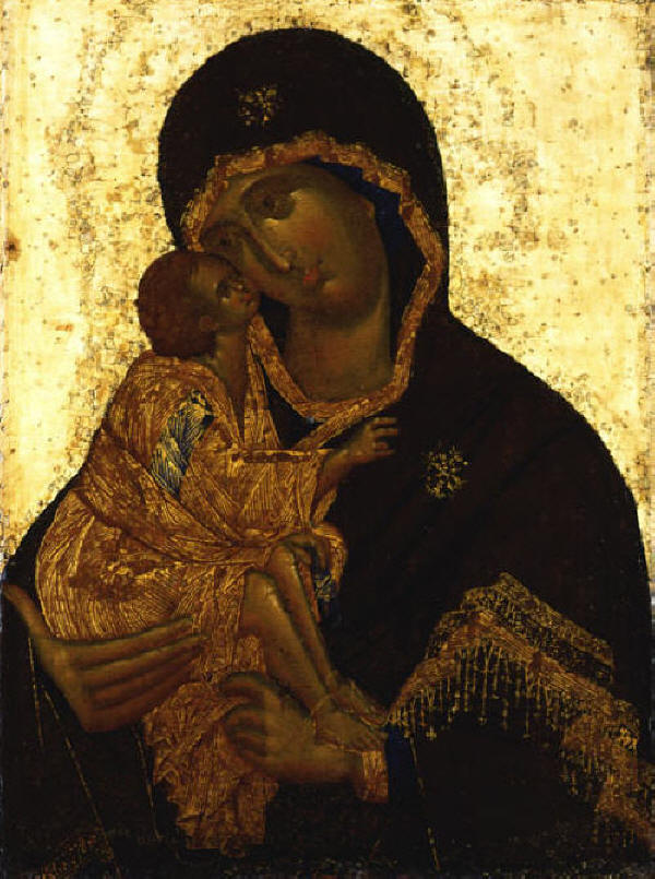 Богородица с Младенеца Донска. Икона от 1380-1390 г. от Теофан Грек. Днес в Третяковската галерия. 