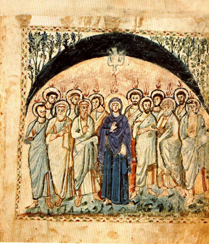 Слизането на Св. Дух над апостолите. Може би най-древното изображение на Св. Петдесетница в Сирийското евангелие на монаха Равула (Rabbula Gospels) - VI в., Антиохийска църква.