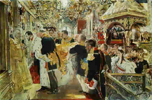 Коронация. Миропомазването на Николай II в Успенския собор. Картина от 1896 г. от Валентин Александрович Серов. Днес в Третяковската галерия в Москва. 