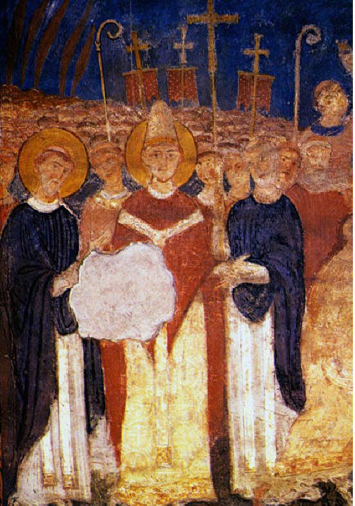 Папа Адриан II (в средата с ореол) посреща Св. св. Кирил и Методий в Рим през 868 г. Стенопис от църквата "Сан Клементе" (XI век)