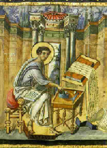 Миниатюра, изобразяваща св.евангелист Лука (evangelist Luke), 10 в., Stavronikita Monastery, Mount Athos.