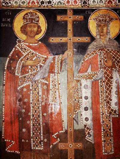 Св. Константин и Елена.Снимка, стенопис от Западната стена на наоса в църквата "Св. Георги" (1493) в Кремиковския манастир. Снимка: Албена Вачева: