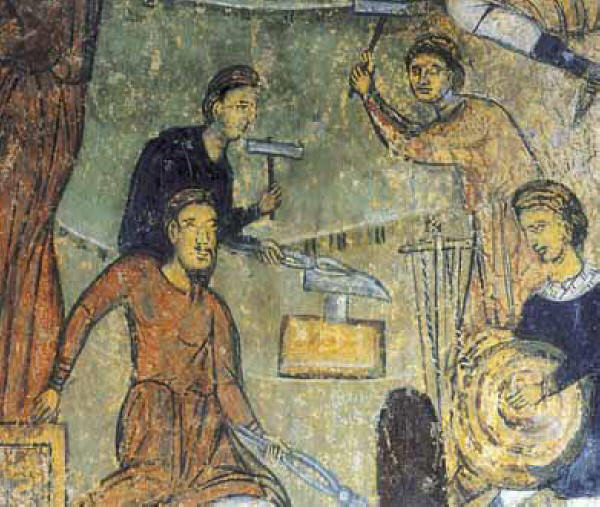 "Изковаване гвоздеите за Разпятието”. Фрагмент от стенопис от XIVв. в църквата на Земенския манастир