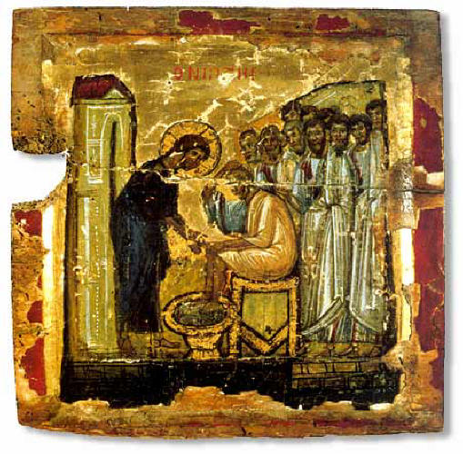 Умиване на нозете. Икона от 14 в., манастира "Св. Екатерина" в Синай