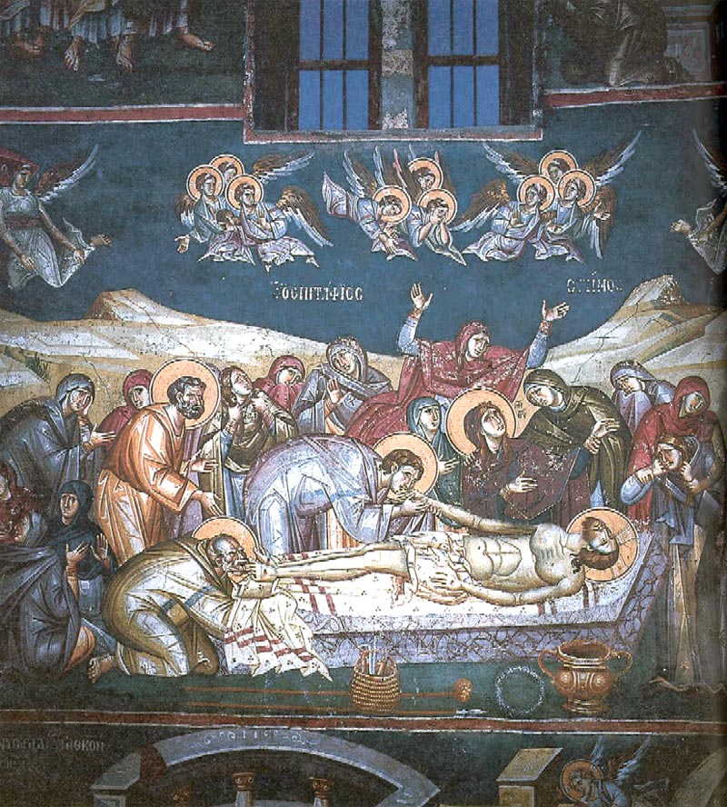 Полагане в гроба и оплакване на Христа. Стенопис от от 1295 г. от църквата "Св. Климент" в Охрид, дн. Република Македония. 