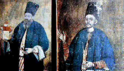Хаджи Вълчо (вляво) и сина му, изписани като дарители в Зографския манастир. Снимка: 