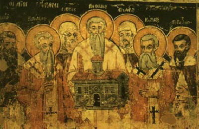 Св. Седмочисленици. Фреска от манастира "Св. Наум" край Охрид, съхранявана днес в музея на гр. Скопие.