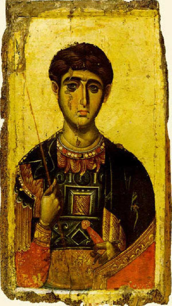 Икона на св. Димитър Солунски от Мануил Панселинос, манастира Ватопеди в Света Гора, ок. 1300 г. Източник: culture.gr.