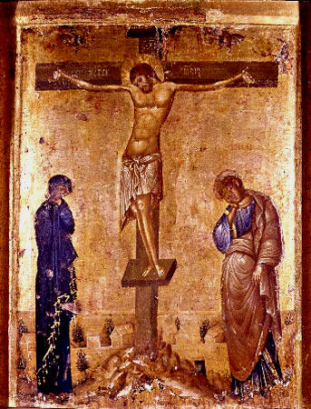 Разпятие Христово. Гръцка икона от XIV в. Днес в Byzantine Museum в Атина.