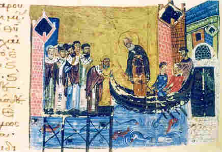 Св. Григорий напуска Константинопол. Ръкопис от XI в. (Codex Taphou 14), съхранява се в библиотеката на Гръцката патриархия в Йерусалим. Източник: eikastikon.g