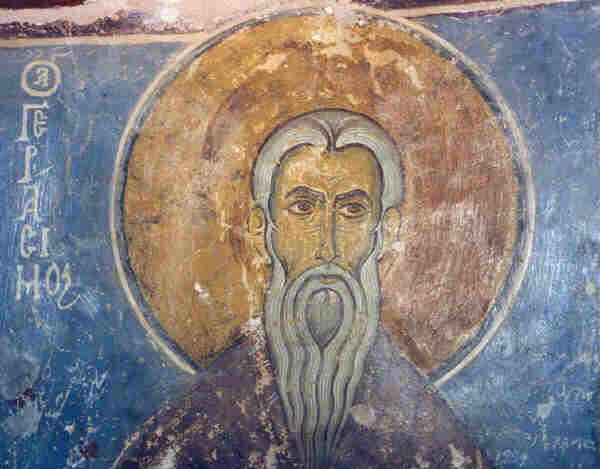 Св. Герасим Йордански. Фреска от 1197 г. в манастира Неофит в Кипър.  Източник: pravicon.com.