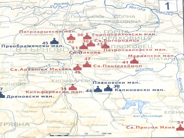 Карта на манастирите около Велико Търново