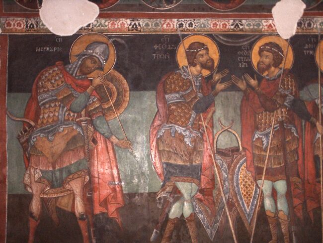 Св. Меркурий, Св. Теодор Тирон, Св. Теодор Стратилат, стенописи от църквата "Св. Георги" в Кремиковския манастир, Северна стена на наоса.