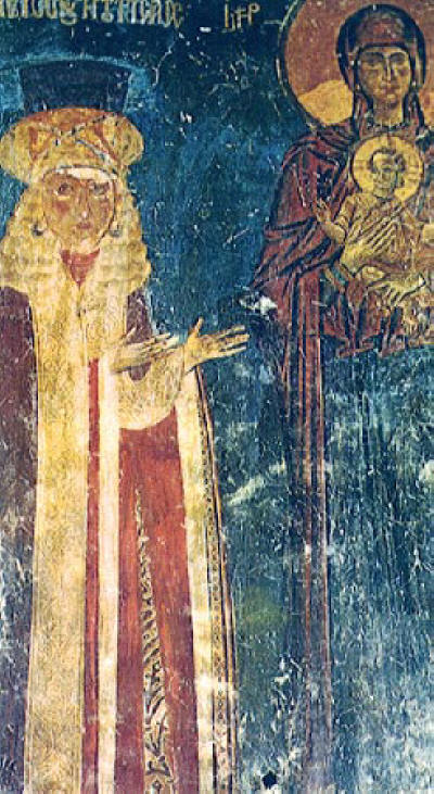 Богородица с Младенеца и Ана Радине - ктитор на църквата "Св. Безсребърници" в Костур. Стенопис от ок. 1180 г. 