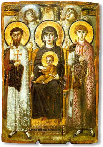 Богородица с Младенеца, ангели и светии. Икона от манастира "Св. Екатерина" в Синай. 