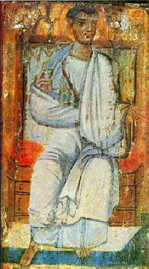 Св. ап. Тадей от 70-те. Икона от кр. X в., манастира "Св. Екатерина" в Синай, част от композицията "Авгар получава Неръкотворния образ от ап. Фадей.
