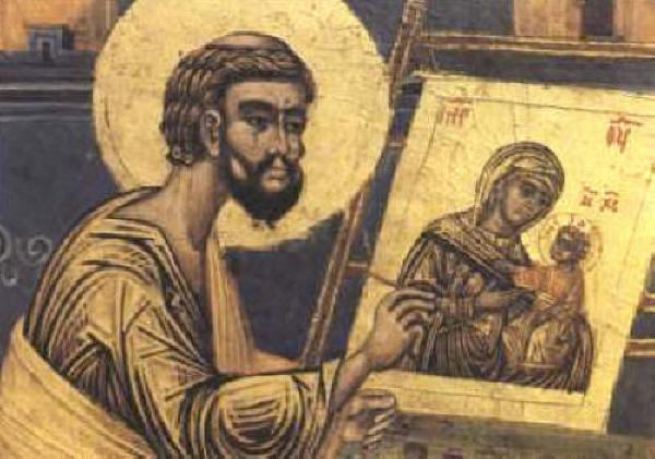 Св. апостол Лука рисуващ икона на Пресвета Богородица. Детайл от икона от сръбския Moraca Monastery. Източник: byzantinesacredart.com