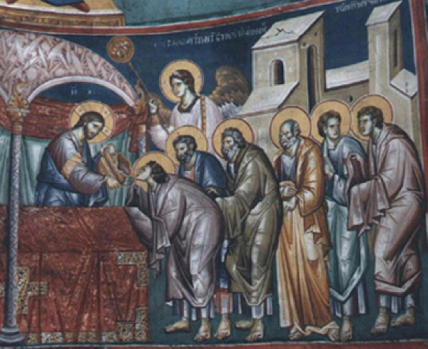 Причастието на апостолите. Детайл от стенопис от 1295 г. от Охрид. 