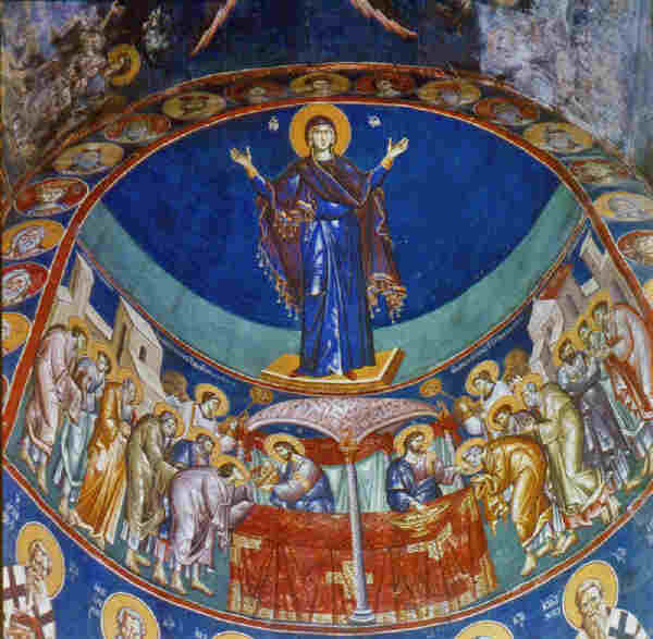 Причастяването на апостолите и Св. Богородица "Оранта" в Църквата "Св. Богородица Перивлепта" (Св. Климент") в Охрид