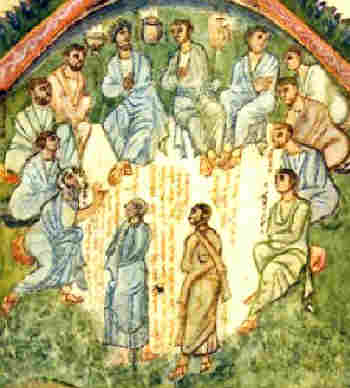 Избирането на ап. Матий, изобразено през VI в. от сирийския монах Рабула в Четвероевангелие (Rabbula Gospels).